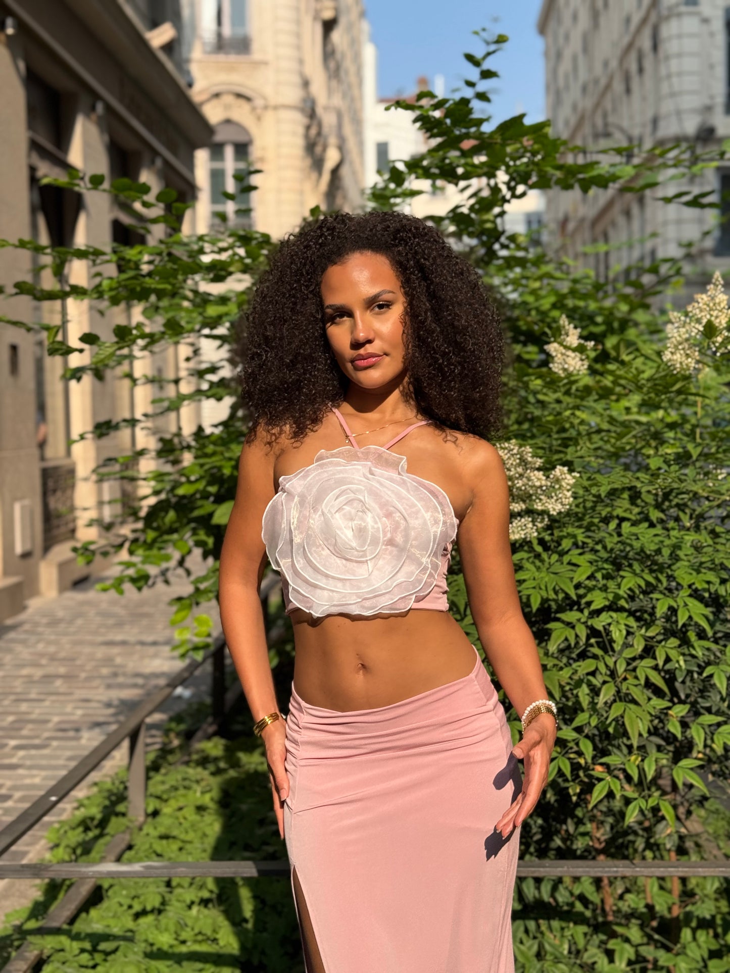 Ensemble rose poudré fleuri & Jupe Longue