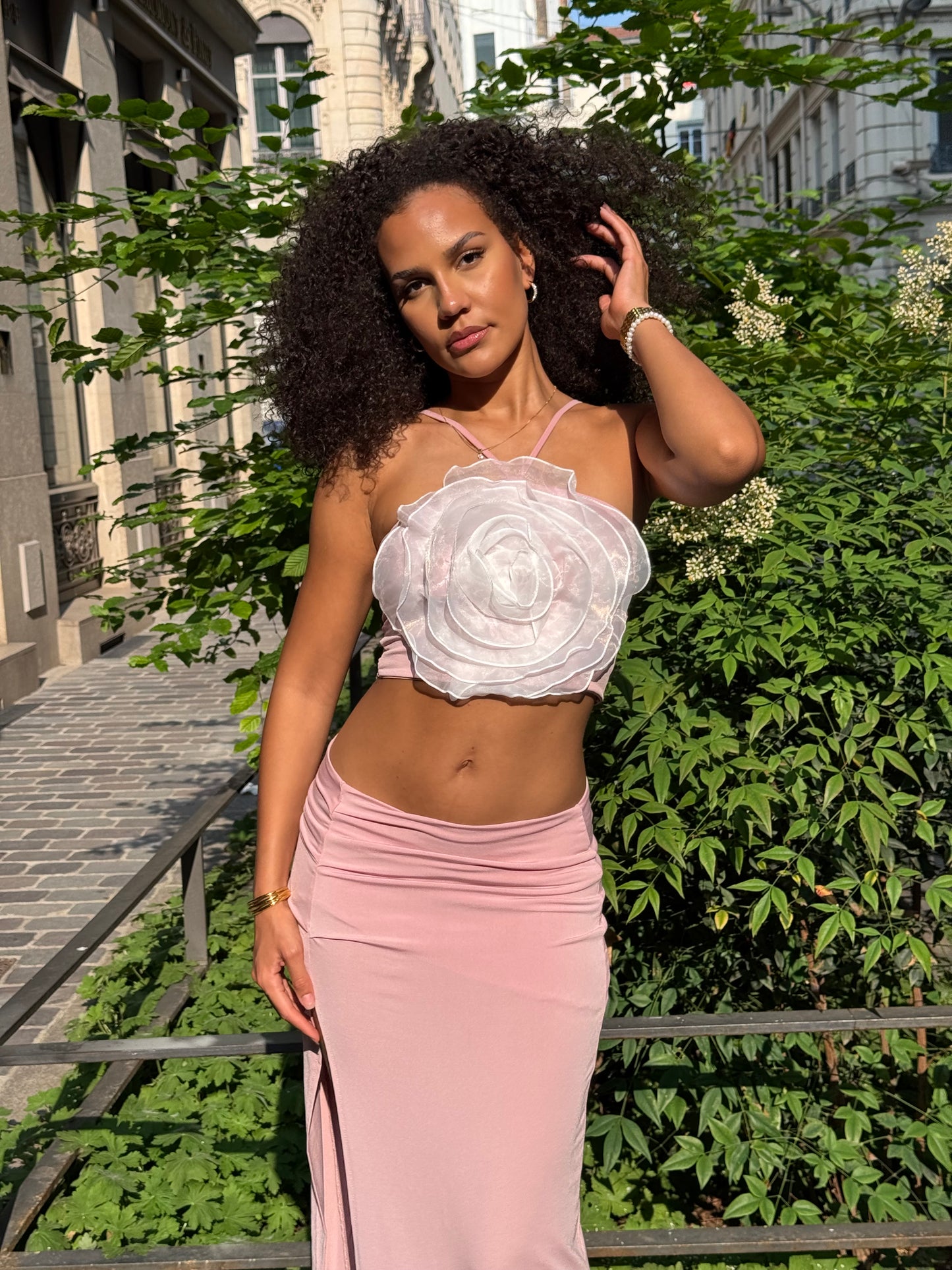 Ensemble rose poudré fleuri & Jupe Longue