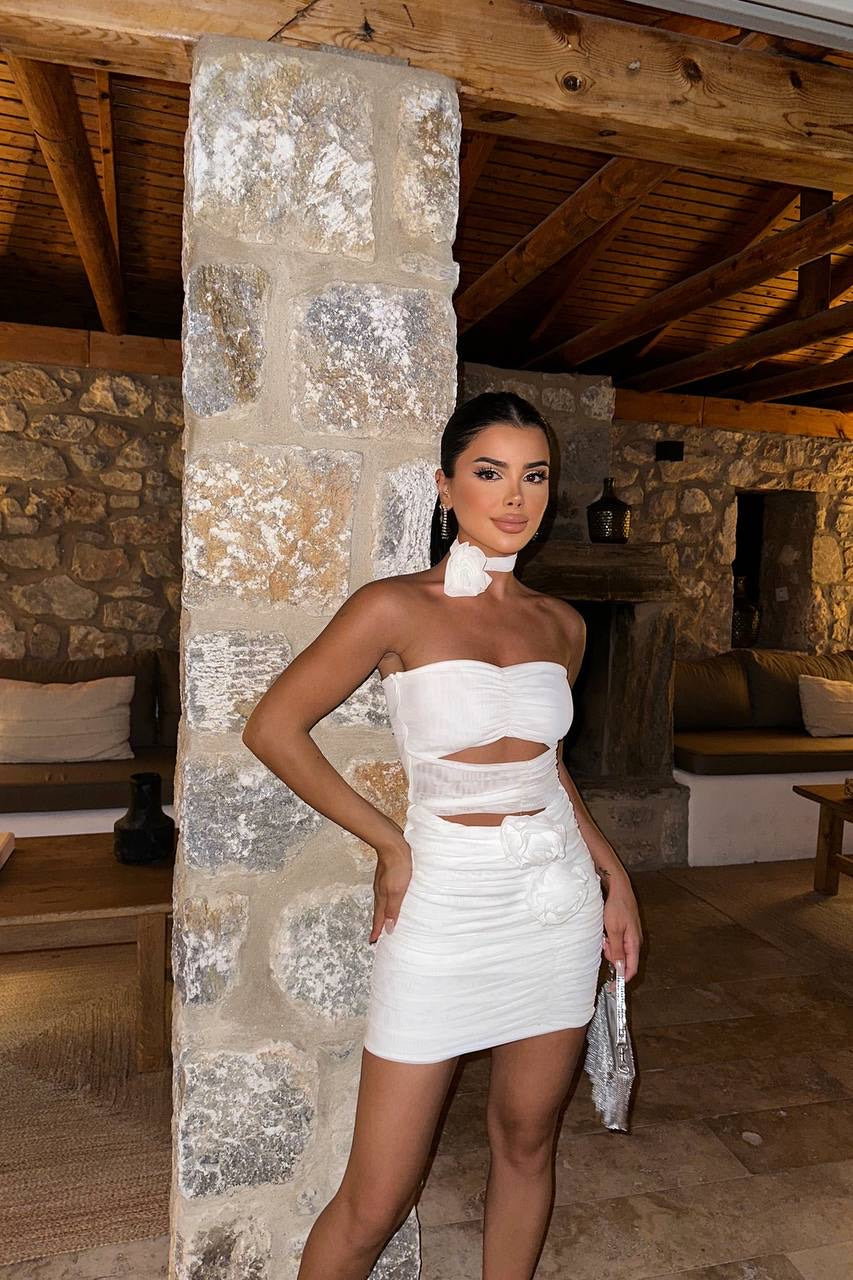 Mini robe Blanche - Bustier - Fleurs 3D