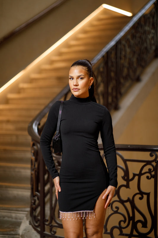 Robe Courte Noire à Franges Strass