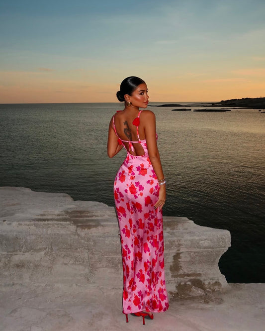 Robe longue satinée à imprimé floral