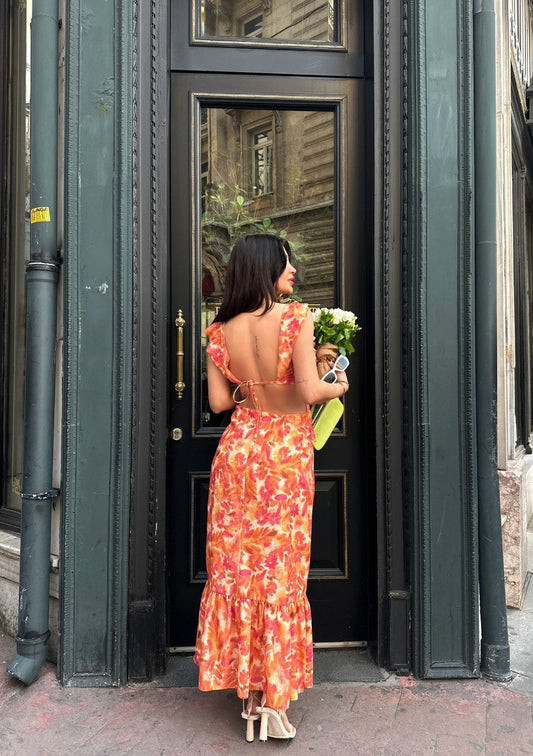Robe longue dos nu bohème - Orange