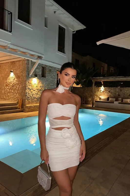 Mini robe Blanche - Bustier - Fleurs 3D